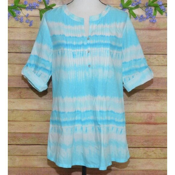 J. Jill Ladies Pintuck 3/4 Roll Tab Sleeve V-Neck Blouse Top Size M Blue & White - Picture 1 of 13